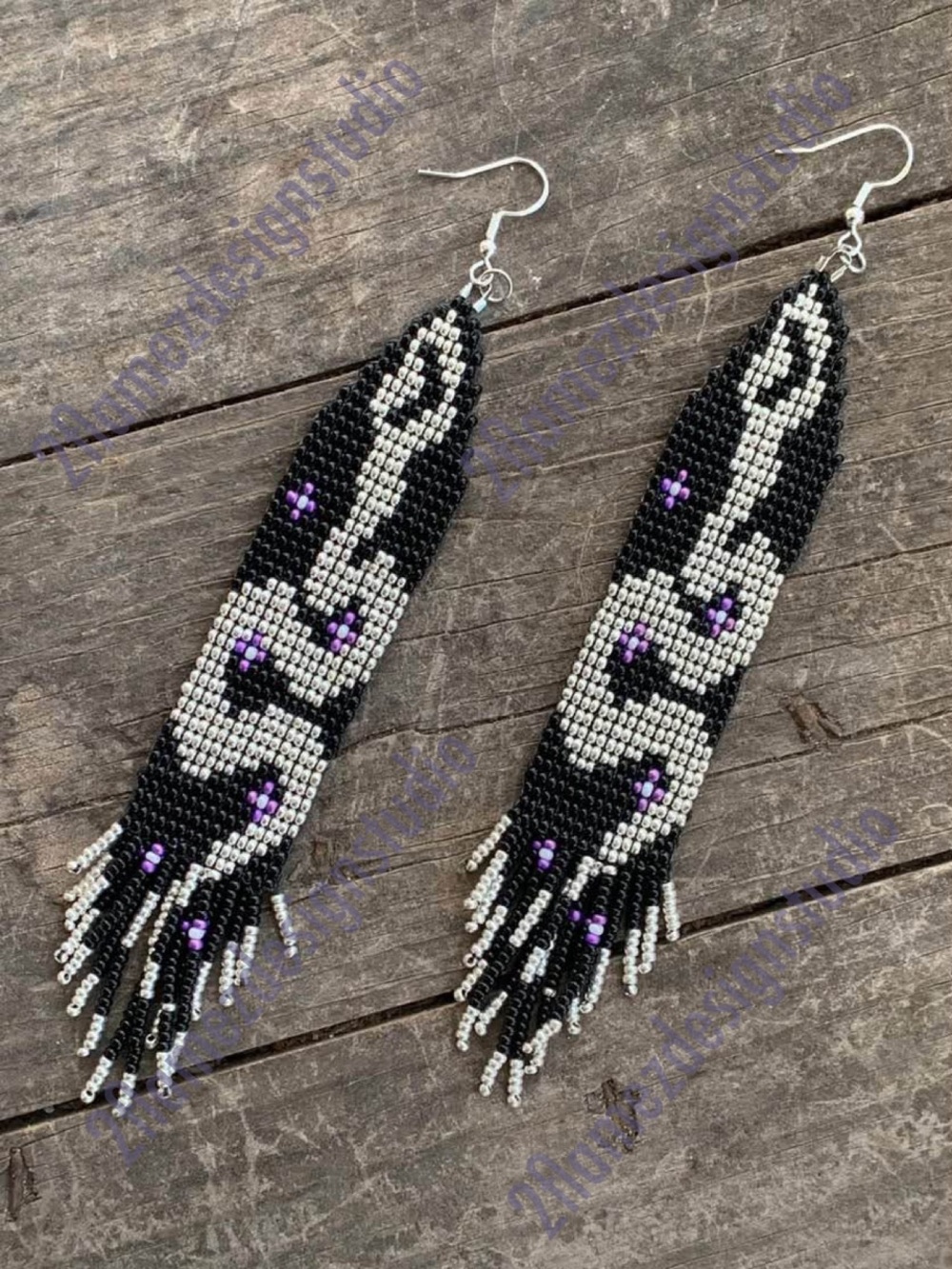 Handcrafted ‘Cosmic Snake’ Black and Silver Beaded Earrings